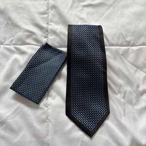 Piattelli Platinum Mens Tie and Pocket Square Set Navy Blue Black Micro Check